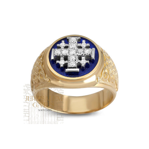 14K Gold With Diamond & Enamel Jerusalem Cross Men’s Ring